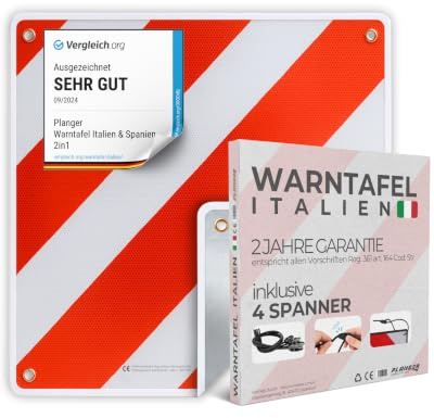 PLANGER® - Warntafel Italien (50 x 50 cm) + Spanner - Reflektierendes Warnschild rot weiß für Heckträger u Fahrradträger