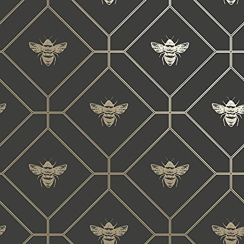 Honeycomb Bee Tapet, motiv med vaxkaka och bi, geometriska och metalliska mönster, modern tapet (guld och kolgrå)