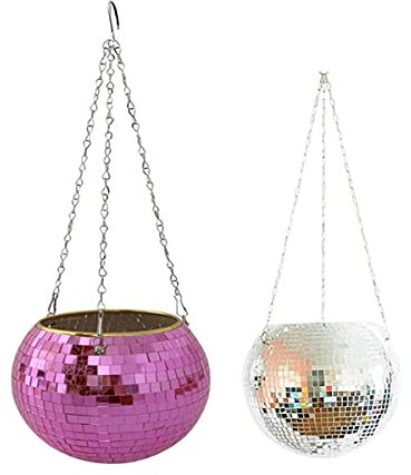 Bohemian Style 4+10 Disco Ball Planter Hanging Flower Pot with Chains and Hook Glitter Round Pots Disco Ball Decor(2Pack)