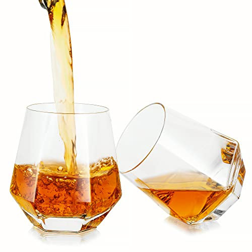 Vasos de whisky de diamantes de whisky: juego de 2 vasos de vino con inclinación geométrica única de cristal de roca antigua para cóctel Scotch Cognac Bourbon Beber Bar Copas de cristalería 10 oz