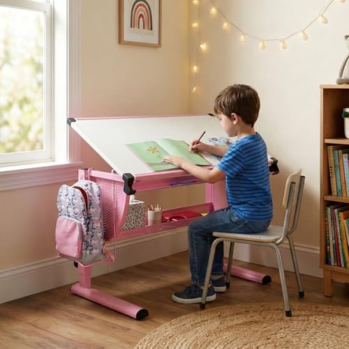 CARO-Möbel Kinderschreibtisch Sari höhenverstellbar in weiß/rosa, Schreibtisch für Kinder neigbar mit Rille für Stifte, Schülerschreibtisch mit Ablage und Rucksackhalterung