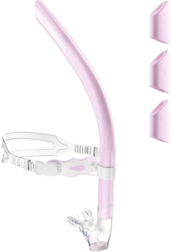 CAPAS Training Swim Snorkel for Lap Swimming, Ultimate Fit Center-Mount Swimmers Snorkel with Liquid Silicone Mouthpiece Adjustable Strap Swivel Headband, Designed for Adult Men Women (Pink White)
