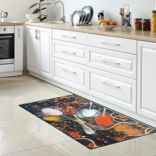 CARPETIA Küchenteppich Gewürzmotive Schwarz Bunt rutschfest 67x180 cm | Rutschfest, pflegeleicht, schmutzabweisend und strapazierfähig, OEKO-TEX geprüft, für Fußbodenheizung, Küche & Flur