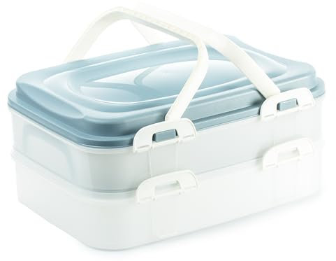 Contenitore per il trasporto di torte, per cupcake e muffin, a 2 ripiani, rettangolare, con inserto di sollevamento + coperchio con manici e chiusure a click, 40 x 30 x 18 cm, colore: blu