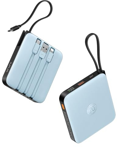 VRURC Power Bank 20000mAh mit Kabel Klein USB C Powerbank Schnelles Aufladen Mini Tragbares Ladegerät Externer Akku Klein und leicht mit 4 Ausgänge 3 Eingänge LED-Anzeige für iPhone Huawei Samsung usw