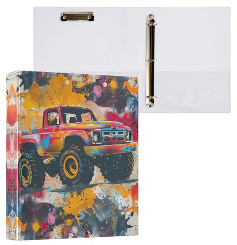 Grunge Monster Truck Auto 3-Ringbuch 3,8 cm, D-Ringbuch mit rutschfestem Metallclip, niedlicher Ordner, drei Ringe für Schule, Bürobedarf, 1 Packung