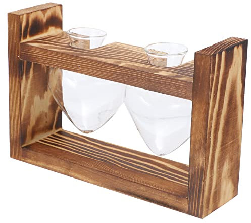 SEWOART Holzständer Für Hydroponik Transparente Glasvase Mit Zwei Herzflaschen Und Vintage-Rahmen Für Moderne Tischdekoration Und Pflanzenpflege Für Büro Und Zuhause