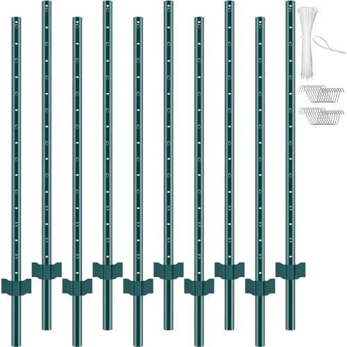VEVOR 5 Feet T-Post, 10 Pack Heavy Duty Metal Fence Posts With 30 Zip Ties & 20 Clips, Sturdy Steel Stakes for Garden, Yard, Lawn, Farms and Outdoor Wire Fencing, Green
