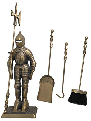 SmPinnaA Kaminbesteck-Set Aus Gusseisen, 5-Teilig, Antikes Messing, Mittelalter-Ritterkamin, Herd, Feuerstelle, Zubehör Mit Zange, Schaufel, Besen, Schürhaken, 73 cm Hoch