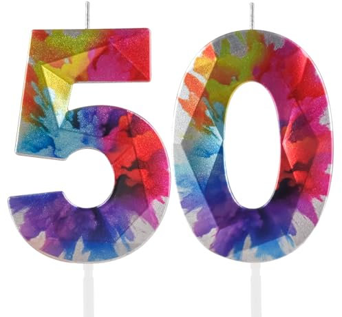 Hongplus Candele colorate numero 50, confezione da 2, candele per 50 compleanni, decorazione per torte, multicolore, moderna, tema graffiti, ecologica, necessaria la supervisione di un adulto