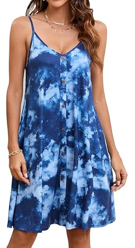 Enmain Blue Summer Dresses for Women Spaghetti Strap Beach Dress Casual Swing Midi Sundress with Pockets for Beach Party L