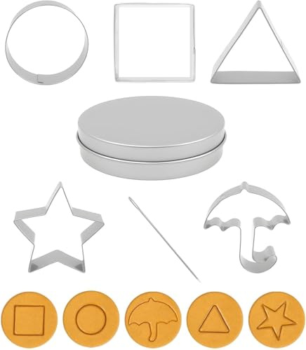 Heanvmyss Korean Sugar Candy Making Tool,8 PCS Stainless Steel Cookie Cutters,Umbrella Triangle Star Round Baking Cake Mold with Case Needle for Party