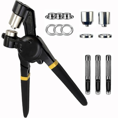 Hole Punch Tool Kit, Eyelet Punch Tool, Complete Pliers Grommet Kit for Fabric, Leather, Canvas, Tent, Banner, 5.5/10/12mm Punching Heads, Tarpaulin Ring Repair