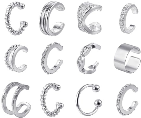 YUXIANLB 12 Paare Ear Cuff Silber Ohrmanschette Ohrringe Edelstahl Knorpel Creolen Fake Ohrringes No Pircing Ohrringe Ohne Ohrloch Clip Ohrringes Damen Fake Helix Knorpel Wrap Earcuff