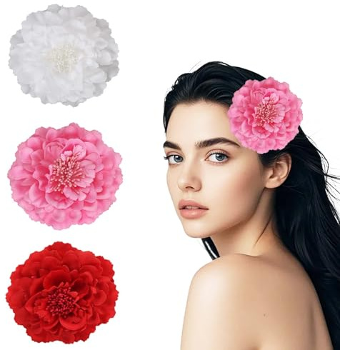 3Pcs Clips de Pelo de Clavel para Flamenca,Flor Flamenca Pelo,Flores Sevillana Pinza Accesorios,Horquillas de Peonía,para Mujer Niña Boda Fiesta Festivales,Rosa,Rojo,Blanco