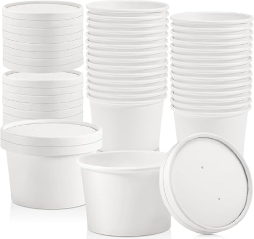 Tczecoo 25 Stück Papier Suppenbehälter mit Deckel, 8 oz Suppenbecher Pappe, Eisbecher, Speisebecher Pappe, Karton Suppenbecher To Go für Salat Eis Suppe Coffee, Mikrowellengeeignet (Weiß)