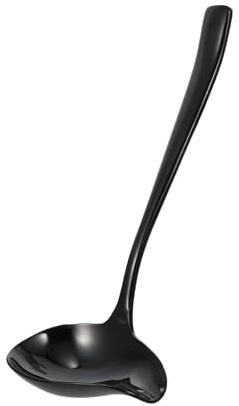 Ciieeo Cucchiaio da zuppa a becco d'anatra in acciaio inossidabile con manico lungo ergonomico nero mestolo da cucina per servire salse e pentola calda, un design forgiato, utensile da cucina multiuso
