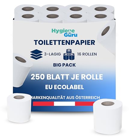 Hygiene Guru® Toilettenpapier Großpackung [2 x 8 Rollen] – 3-lagig & weich – 250 Blatt/Rolle – FSC® & EU Ecolabel – Hochweiß aus 100% Zellstoff – Hautfreundlich & zuverlässig