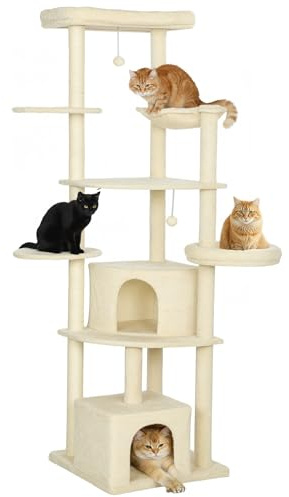 PawHut Poste Rascador para Gatos de 200 cm de Altura, Árbol Multinivel para Gatos con 5 Postes rascadores de Sisal, 2 Cuevas, 2 Perreras, Hamaca, 2 Pelotas, Plataformas, Juego de Torre para Gatitos,