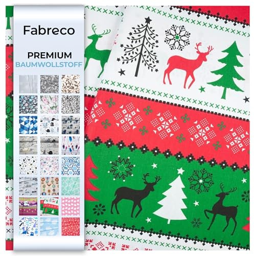 Fabreco Baumwollstoff Meterware 100x160cm - Rot-grünes Rentier | 220 g/lfm – Weich, langlebig & hautfreundlich | Baumwolle zum Nähen & Dekoration