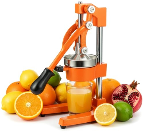 GreenWhim Heavy Duty Manual Citrus Juicer Professional Hand Press with Conical and Flat Pressure Plates Lemon Lime Orange Juice Extractor Dishwasher Safe Black (Orange)