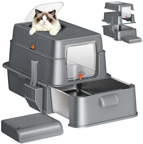 Fobyfurny Arenero Acero Inoxidable Gatos con Cajón, 65x44x40cm, Gris Oscuro | XXL Arenero Metalico Cerrado para Gatos, Incluye Pedal y Pala, Control de Olores, Fácil de Limpiar, Dos Entradas FPLB201SG2