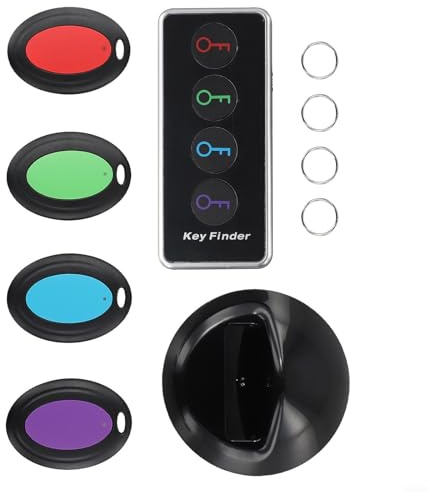 4 - Ricerca chiavi wireless con luce LED, trasmettitore + 4 ricevitori per chiavi, portafoglio, telecomando, occhiali, telefono o collare per animali domestici, 75-80 dB