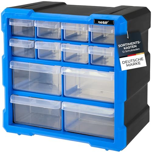 HMF Caja clasificadora para piezas pequeñas con 12 cajones, caja surtida para tornillos y herramientas, 24 compartimentos, 26,5 x 26,5 x 16 cm, color azul y negro