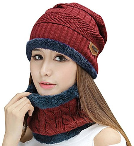 Kuyou Damen Beanie Mütze Schal Set Winter Schlauchschal Hüte Mützen, Burgund, Einheitsgröße