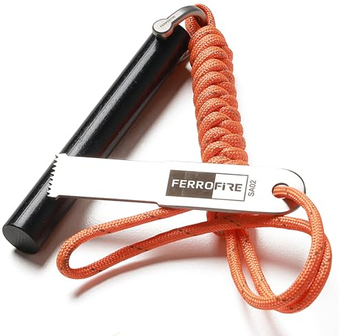 FERROFIRE FS916 Accendifuoco Super Resistente - Asta in Ferrocerio da 1.4cm x 10cm con Magnesio, Acciarino in Acciaio Carbonio e Cordino Paracord 550 per Campeggio, Sopravvivenza, Emergenza