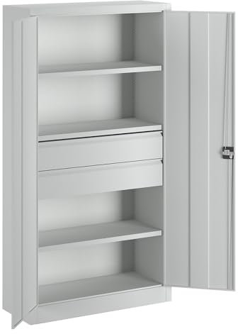 Pavoy | Schwerlastschrank | Höhe 1950 mm | 3 Fachböden | 2 Schubladen | grau
