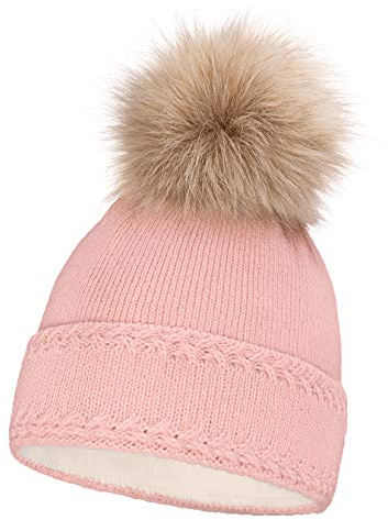 Neverless® gefütterte Damen Strickmütze mit Fell-Bommel und Fleece Futter, Winter-Mütze, Bommelmütze