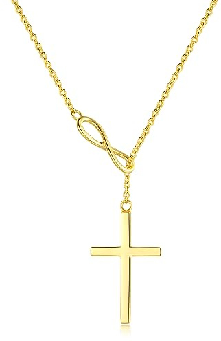 FANCIME Collar de Plata de Ley 925 Chapada Oro Amarillo con Colgante de Cruz Infinito y Cadena Regalo Joyería para Damas Mujer Niñas - Longitud Cadena: 40 + 5 cm
