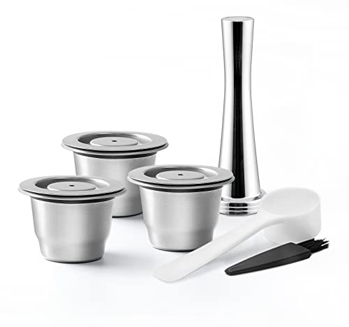 RECAFIMIL Lot de 3 Filtre à café réutilisable Dosettes de café en acier inoxydable compatibles avec Nespresso avec presse à café