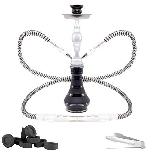 Mianova 2 Schläuche Wasserpfeife Hookah Shisha 2er Set Modern Design 45cm Hoch mit Zubehör Mundstücke Zange Rolle Kohle Schwarz
