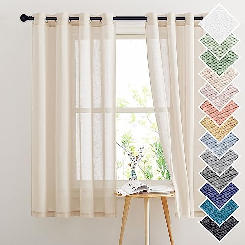 PONY DANCE Kurze Gardinen Halbtransparent im Landhausstil für Schlafzimmer 2-Set H 160 x B 140 cm Beige Vorhänge Leinenoptik Ösenvorhang Gardinenschals