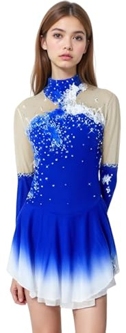 LIUHUO Blaues Eiskunstlaufkleid, langärmelig, Eislaufrock, Fingerspitzenärmel, Spandex, Wettkampfkleider, Netzrock