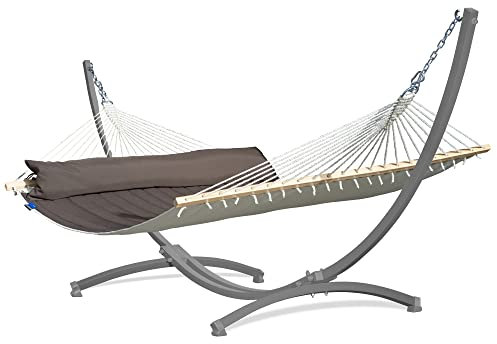 Potenza Outdoor Hängematte mit Gestell für 2 Personen I Catargo - Baumwolle Doppelhängematte XXL 220x160, 220kg I Hängemattengestell 220kg, wetterfest… (Braun, Gestell Grau)