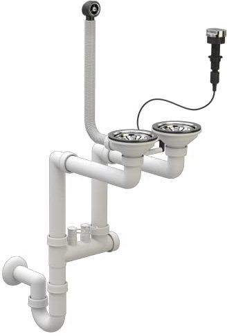 Platzsparendes Siphon Doppelanschluss - Küchenspülenablauf - Set mit Anschluss Geschirrspülmaschine - ø 115 mm/3,5 Zoll - Ablaufgarnitur für 2 Becken mit automatischen Stopfen - Chrom - Granitan