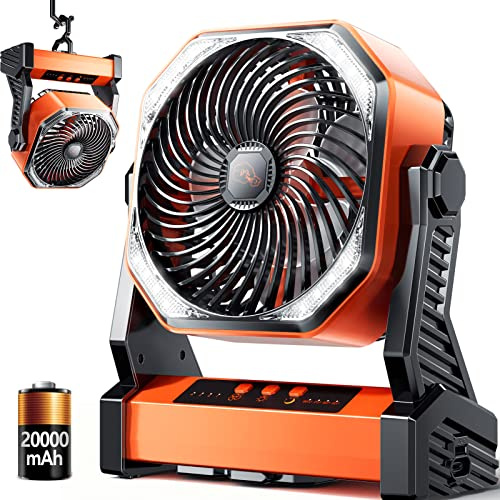 Ventilador LED de camping con luz, 20000 mAh, recargable, alimentado por batería, para tienda de campaña al aire libre, 4 velocidades, ventilador USB personal