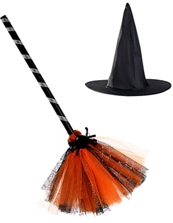 ABOOFAN Halloween Witch Broom Hat Set - Witch Broomstick and Hat Costume Accessory for Halloween & Christmas Party