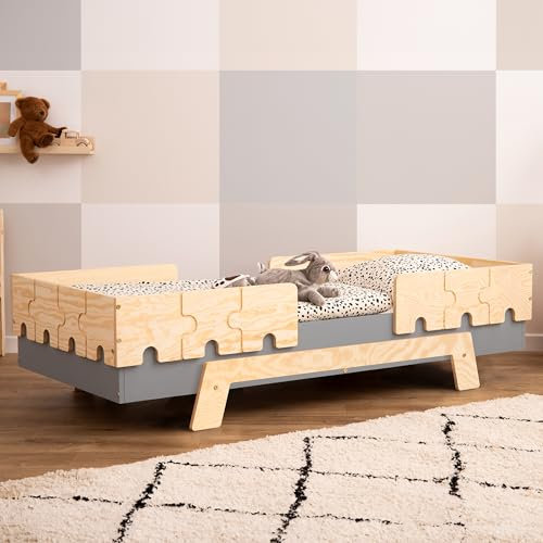 smartwood Kinderbett mit Lattenrost und Rausfallschutz Puzzle BR2 Montessori einzelbett für Jungen und Mädchen - Bett aus Kiefer Sperrholz mit Rausfallschutz und Lattenrost - Grau - 90x160 cm