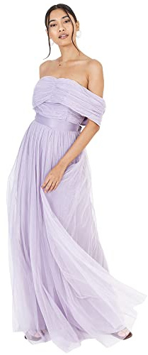 Anaya with Love Womens Ladies Maxi Dress Bardot Off Shoulder with Belt Long Empire Waist for Wedding Guest Prom Evening Gown Bridesmaid Dusty Lilac Size 12