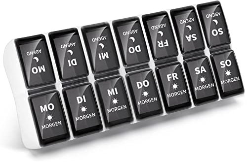 Opret Deutsche Tablettenbox 7 Tage 2 Fächer Morgens Abends, Abnehmbar Pillendose 7 Tage 2 Fächer, Pillenbox Medikamentenbox 7 Tage Tabletten Wochenbox Tablettendose Tablettenbox 14 Fächer