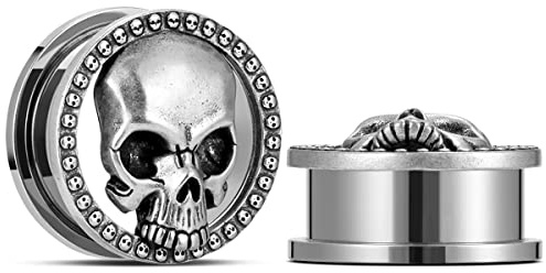 ERKUOO 2PCS Totenkopf Ohrmesser Schrauben Ohrstöpsel Tunnel Ohr Fleisch Tunnel Piercing Ohrringe Kleiderbügel Expander Stretcher 8mm-25mm