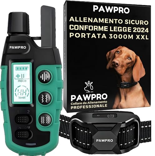 PAWPRO Collare da Addestramento per Cani | Portata XXL di 3000 m | Conforme Nuova Legge Benessere Animali 2024 | 3 moda Beep, Vibrazione, Boost Vibrazione | Per cani di Tutte le Taglie | Manuale IT