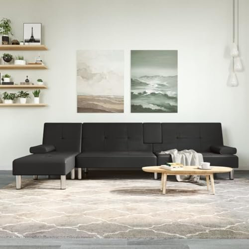 Festnight L-Form Schlafsofa Ecksofa Schlafcouch 2-Sitzer mit Schlaffunktion, Schwarz, Kunstleder, 255 x 140 x 70 cm