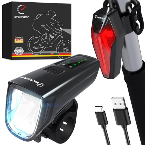 evermotor 100Lux StVZO-godkända LED-cykellampor, USB-C-uppladdningsbar, främre lampa + cykel blinkers, superljus cykelbelysning