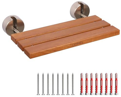 Awelife 20 Luxury Teak Folding Shower Seat, Sturdy 400lb Capacity, Space-Saving Fold Down/Up Shower Bench Wall Mount, Easy Install, Brushed Nickel Fitting