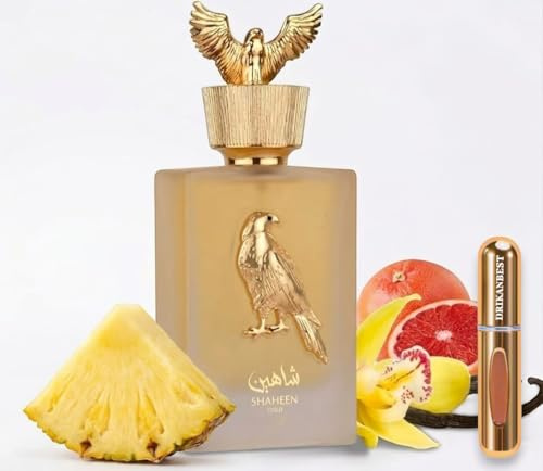 SHAHEEN GOLD Perfume Unisex 100ml Eau de Parfum – Fragancia Dulce y Fresca con Piña, Higo y Vainilla – Larga Duración + Atomizador Drikanbest 5ml de Regalo